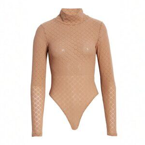 NEW Nordstrom Long Sleeve Lace Bodysuit Tan Size XS Open Edit Stretch Minimalist